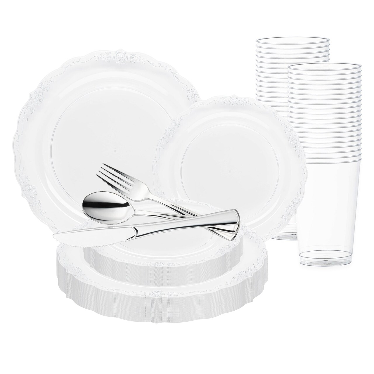 Clear with Silver Vintage Rim Round Disposable Plastic Wedding Value Set (60 Settings)